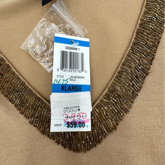 NWT INC International Concepts Gold Tan Holiday Sweater Gold Beading on V Neck - Picture 10 of 13